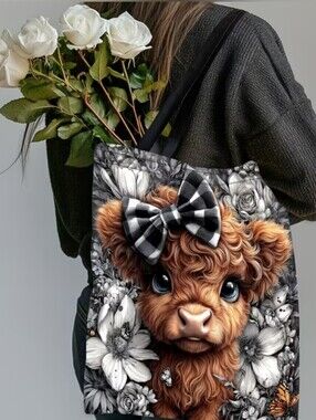 Cute Highland Calf Floral Tote Bag